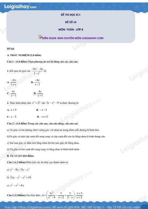 Đề số 14 - Đề kiểm tra học kì 1 - Toán 8